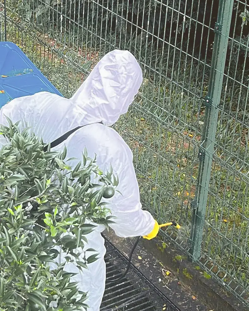 Profissional de macacão branco aplica produto na base do alambrado, no perímetro externo do terreno.